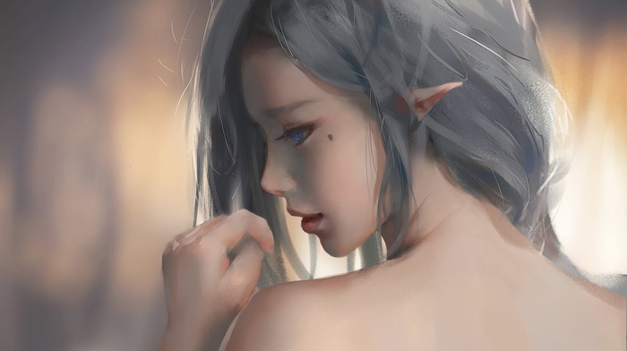 elves, WLOP, painting, elven ears, blue eyes, grey hair, fantasy art, bare shoulders