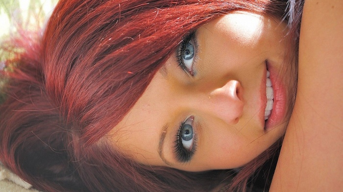 redhead, girl, face, blue eyes