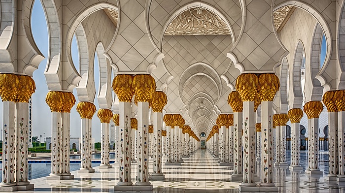 pillar, architecture, United Arab Emirates, arch, tiles, mosques, interiors, symmetry, sunlight, shadow, Abu Dhabi