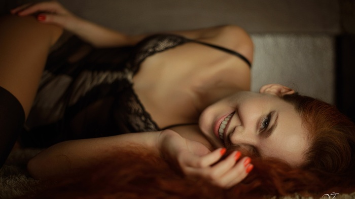 blue eyes, stockings, black lingerie, girl, redhead, in bed, smiling, model