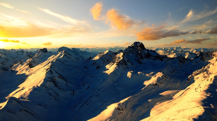 sunset, landscape, mountain, snow