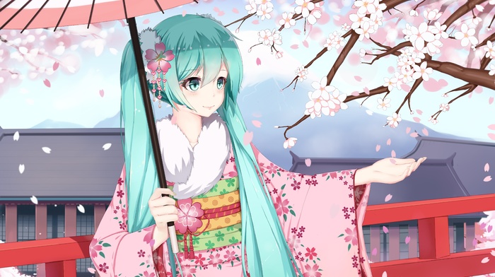 Vocaloid, Hatsune Miku, cherry blossom, anime girls, long hair