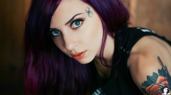 Suicide Girls, purple hair, blue eyes, Mizirlou, tattoo