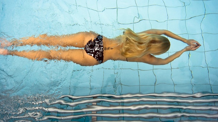 water, black bikinis, bikini, swimming, ass, blonde, long hair, tattoo, girl, swimming pool, back