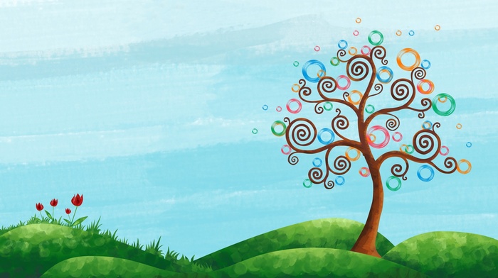 hill, nature, flowers, branch, spiral, digital art, trees, colorful, circle