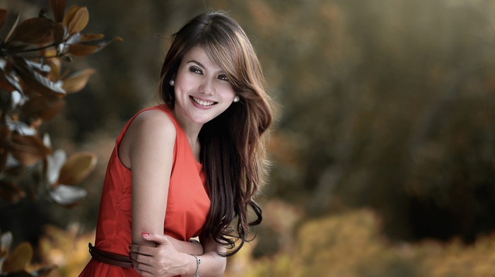 brunette, smiling, depth of field, girl, red dress, model