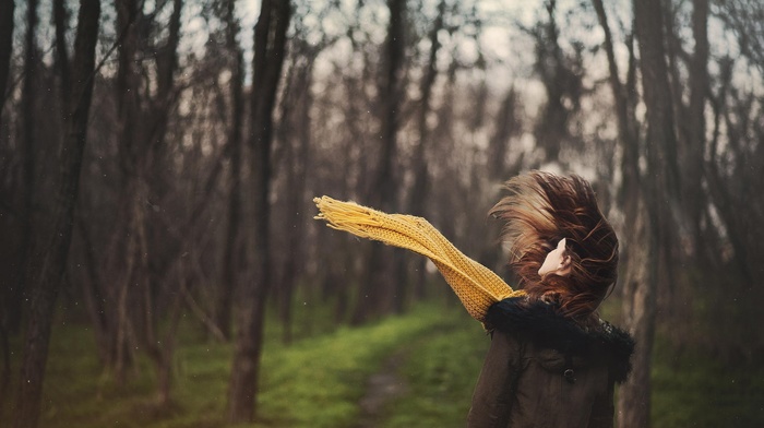 girl, brunette, girl outdoors, forest, depth of field, trees