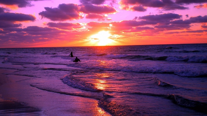 nature, sea, waves, clouds, sunset, landscape, orange, purple, beach, water, coast