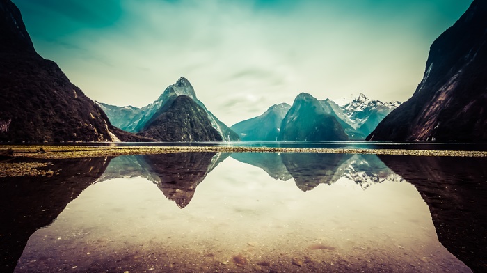 New Zealand, reflection, lake, snow, Milford Sound, calm, clouds, mountain, landscape, nature