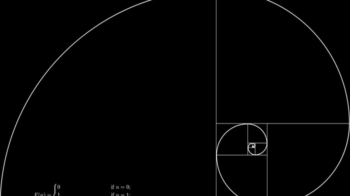 black background, golden ratio, spiral, fibonacci sequence, mathematics, square, minimalism, inception, geometry, numbers, monochrome