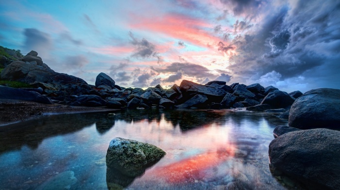 lake, sunset, clouds, nature