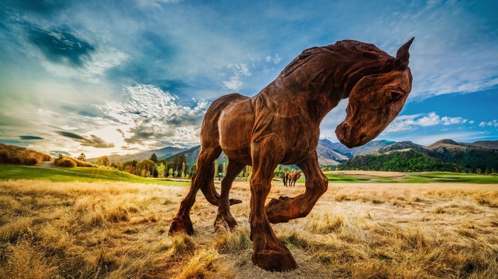 landscape, horse, sculpture, nature, HDR