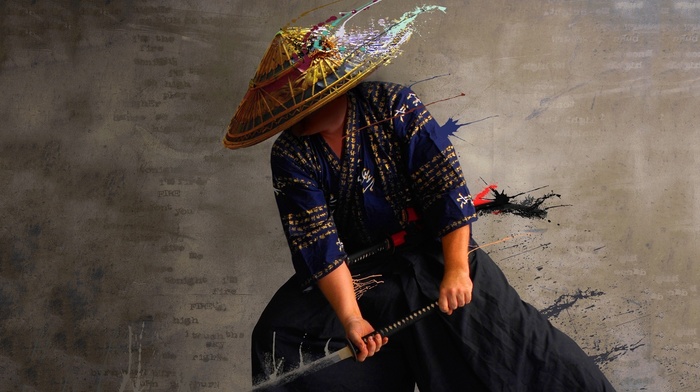 artwork, photo manipulation, men, Japanese clothes, samurai, katana, Japanese, paint splatter