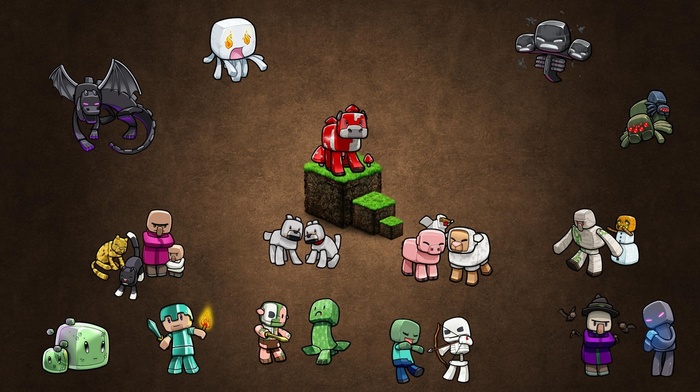 brown background, zombies, creeper, video games, PC gaming, skeleton, Minecraft, Steve, witch, gamers, spider