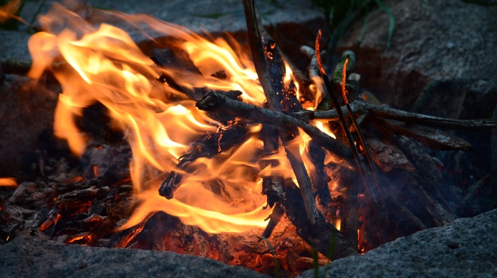 fire, rock, camping, wood, nature