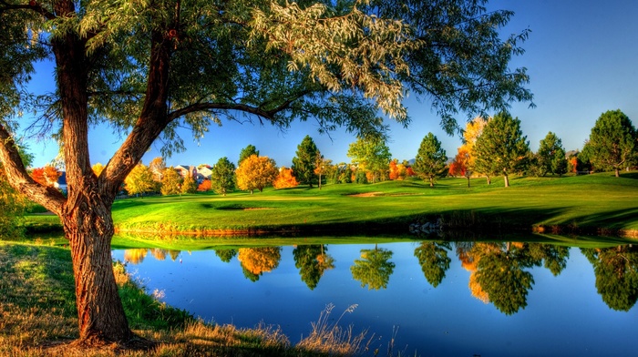 nature, colorful, fall, reflection, trees, landscape, house, water, river, grass, HDR
