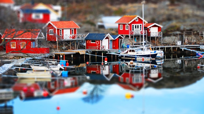 Sweden, lake, house, dock, tilt shift, reflection
