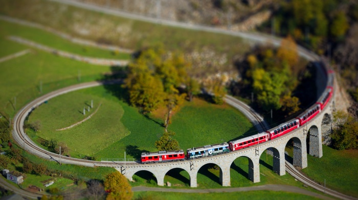 bridge, landscape, Switzerland, tilt shift, railway, arch, train