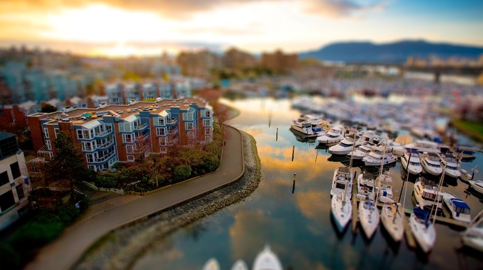 river, coast, building, Canada, Vancouver, British Columbia, city, tilt shift, sunset, reflection, boat