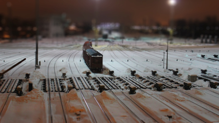rail yard, railway, tilt shift, train, snow