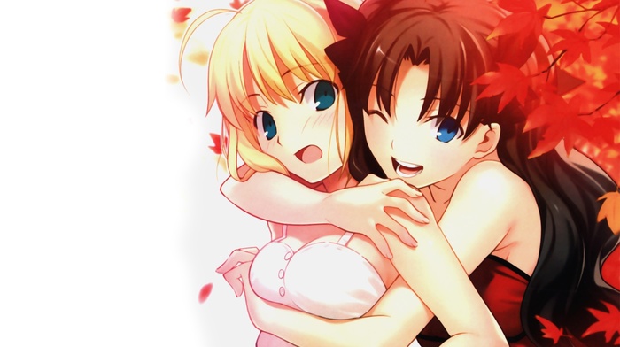 anime girls, hugging, Saber, fate series, Tohsaka Rin