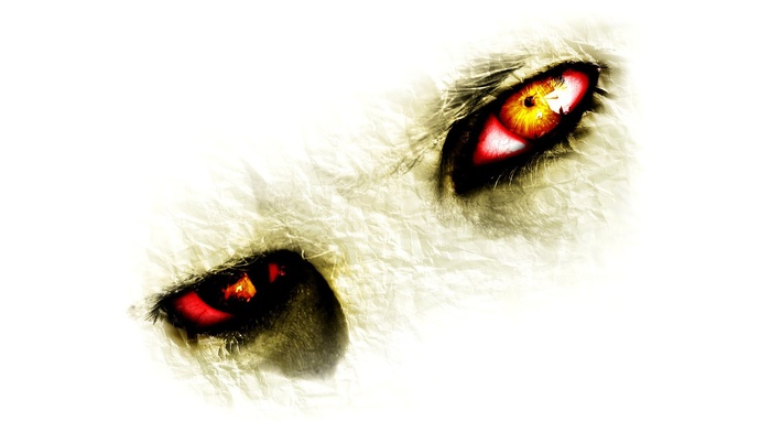 white background, paper, artwork, eyes, creature, digital art, yellow eyes, closeup, red eyes