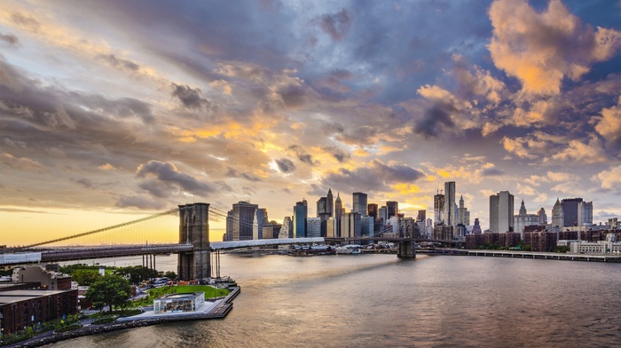 sunset, sky, cityscape, city, Brooklyn Bridge, clouds, USA, New York City, skyscraper, bridge
