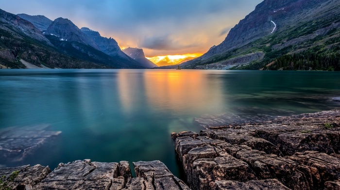 landscape, reflection, lake, Montana, calm, USA, rock, mountain, rock formation, Saint Mary Lake, nature, sunset