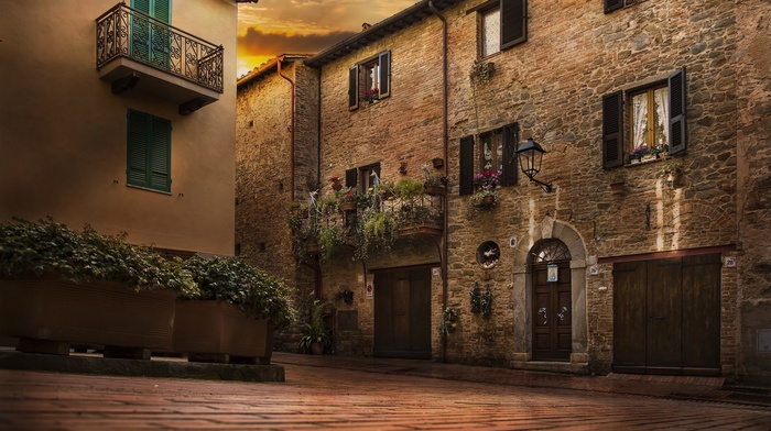 sunset, clouds, building, Italy, architecture, town, window, street, balconies, house