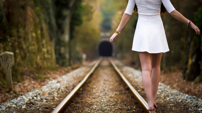 dress, barefoot, depth of field, girl, white dress, girl outdoors, railway