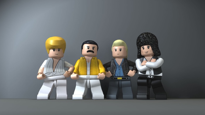digital art, LEGO, Freddie Mercury, Queen, legend, musicians, John Deacon, gray background, Brian May, Roger Taylor, figurines