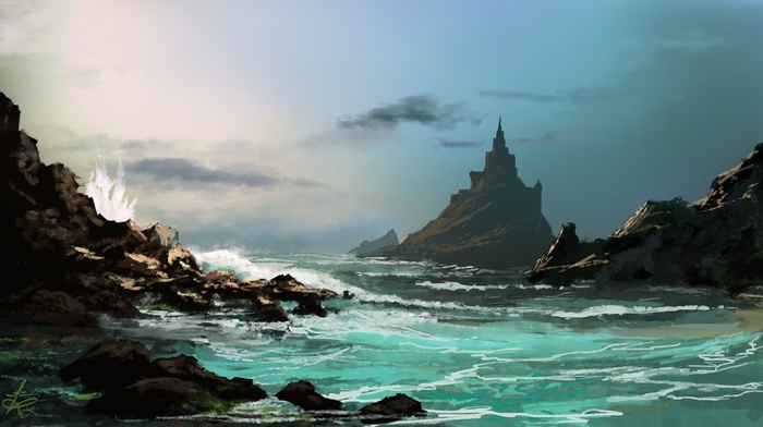 fantasy art, sea, drawing, castle, waves, clouds, rock, digital art
