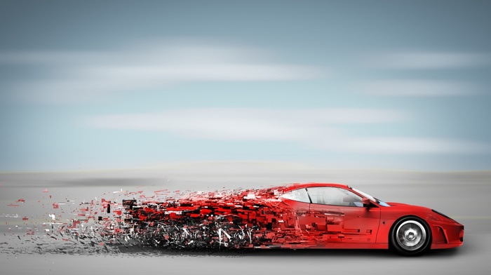 artwork, clouds, red cars, horizon, pixelated, Ferrari, digital art
