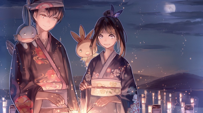 Pokemon, fireworks, night, kimono