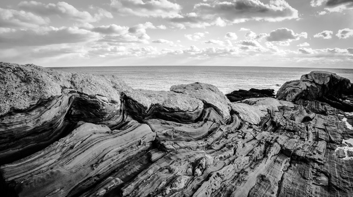 rock, coast, Maine, nature, USA, landscape, sea, clouds