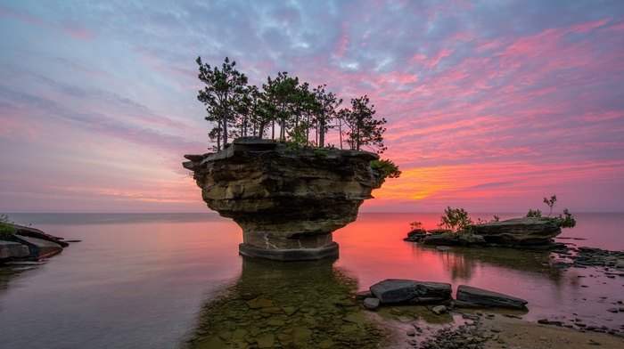 trees, rock, clouds, island, landscape, stones, sea, nature, sunset, USA
