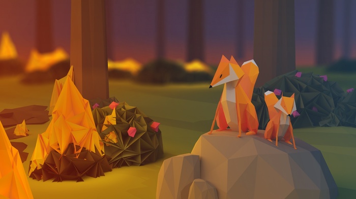 digital art, baby animals, plants, rock, stones, fox, animals, anime, nature, trees, poly, fire, low poly, minimalism, flowers, paper