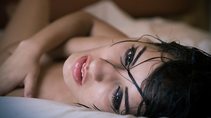 brown eyes, girl, lips, model, artistic nude, strategic covering, wet hair, in bed, brunette