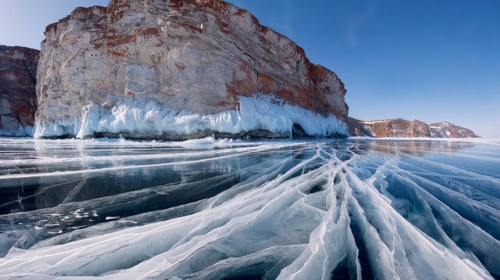 ice, lake, cliff, landscape, Lake Baikal, nature