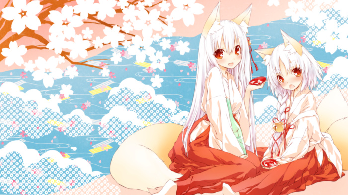 tail, miko, fox girl, shrine maidens, white hair, animal ears, kitsunemimi, red eyes, original characters