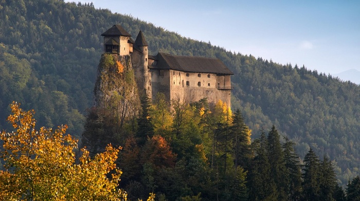 forest, nature, fall, hill, rock, architecture, castle, Slovakia, landscape, trees