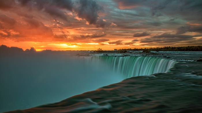 long exposure, landscape, waterfall, stones, water, clouds, trees, Niagara Falls, sunset, Canada, nature, Ontario