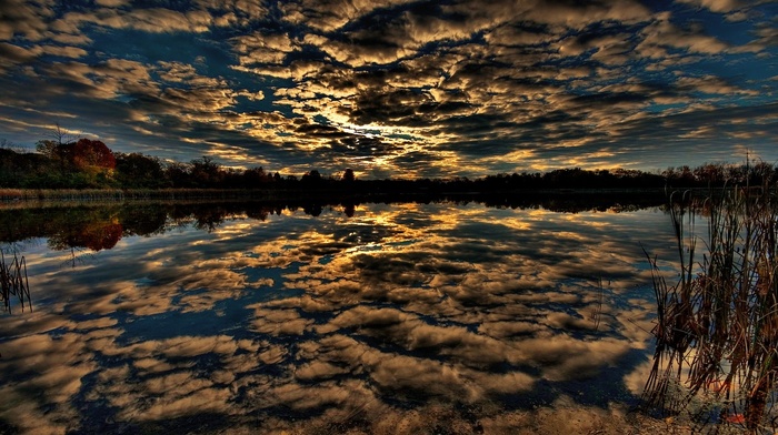 trees, sunset, clouds, nature, water, HDR, reflection, lake, landscape, summer