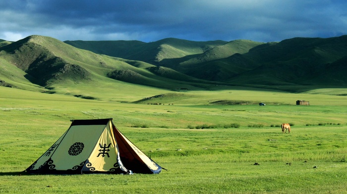 Mongolia, nature, tents, hill, field, steppe, landscape