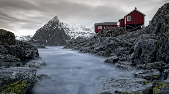 rock, landscape, clouds, Norway, wood, long exposure, mountain, house, nature, snow, river