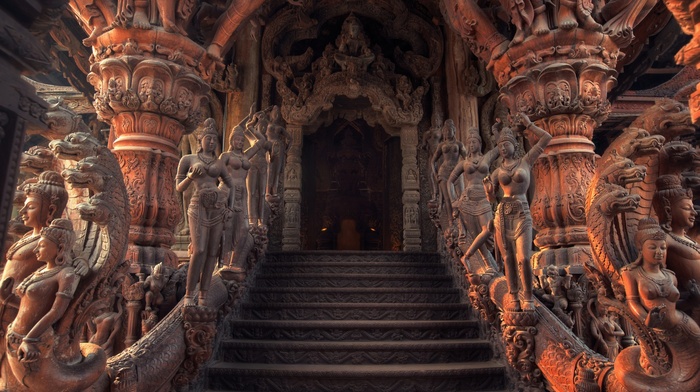 interiors, HDR, sculpture, staircase, architecture, dragon, religions, girl, India, door