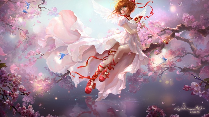 Card Captor Sakura, flowers, dress, staff, trees