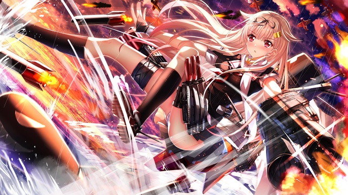 ribbon, Swordsouls, anime, Kantai Collection, Yuudachi KanColle, water, long hair, skirt, red eyes, airplane, sky, anime girls, clouds, missiles, weapon
