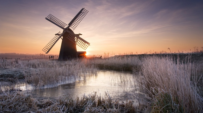 windmills, winter, sunset
