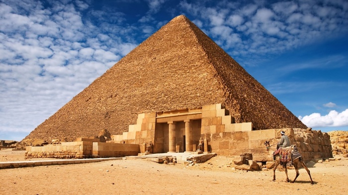 sand, photo manipulation, columns, nature, pyramid, stones, architecture, clouds, egypt, men, camels, sculpture, desert, Pyramids of Giza, landscape